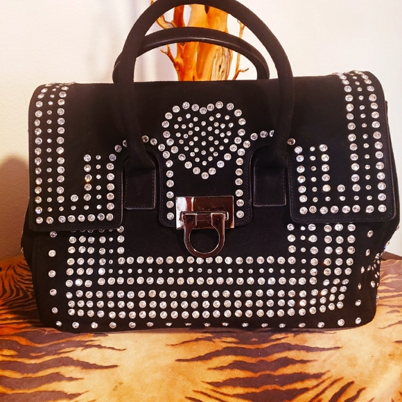 CHARM & LUCK Blk Suede w/Cry. Heart Satchel Vintage NWOT - Picture 3 of 12